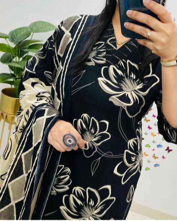 Elegant Black Floral Kurta Set with Printed Dupatta