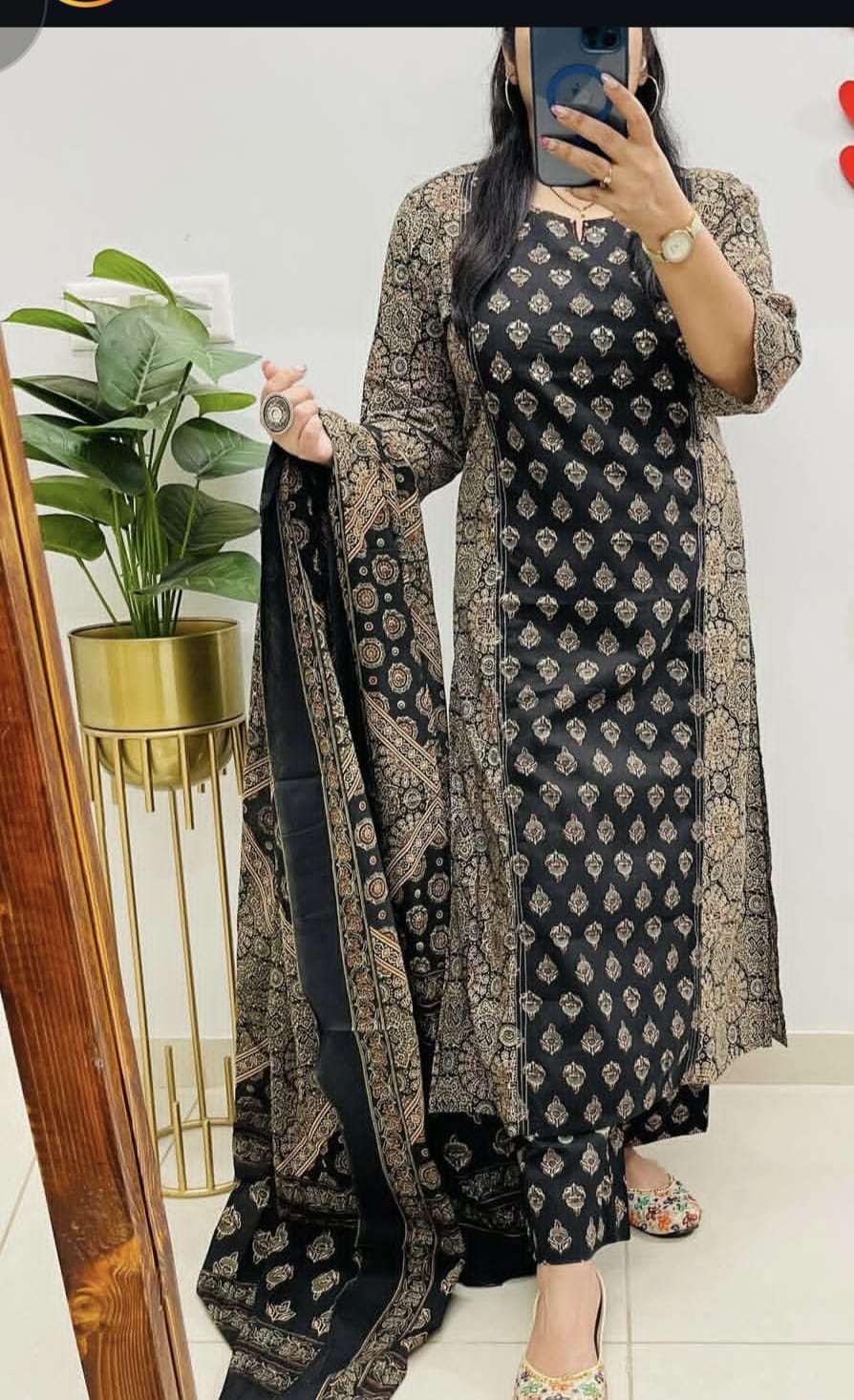 Classic Black Ethnic Kurta Set with Intricate Gold Prints