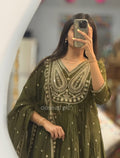 Elegant Olive Green Embroidered Anarkali Suit Set with Dupatta
