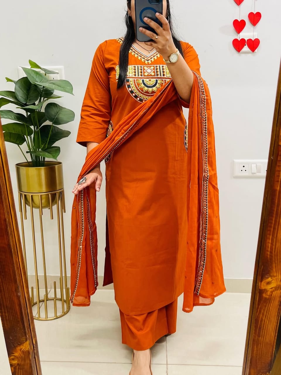 Rust Orange Embroidered Kurta Set with Dupatta