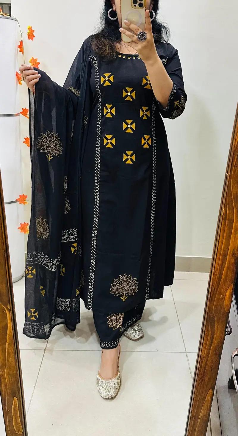 Elegant Black Printed Kurta Set with Dupatta