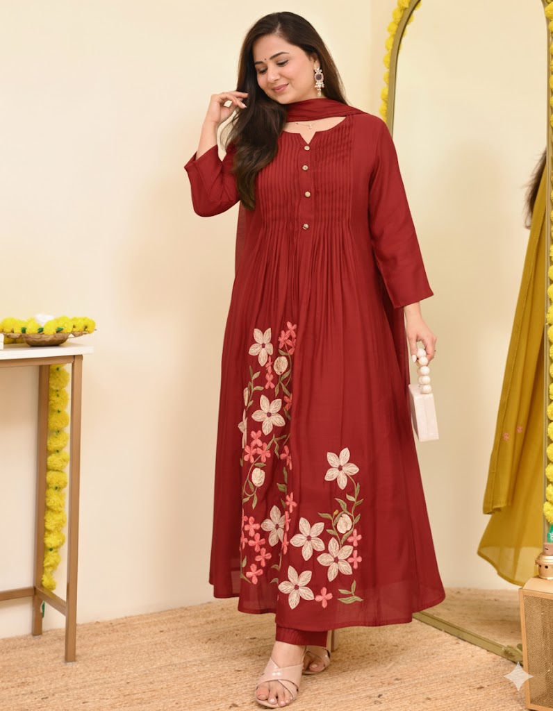 Elegant Maroon Embroidered Kurta with Dupatta Set