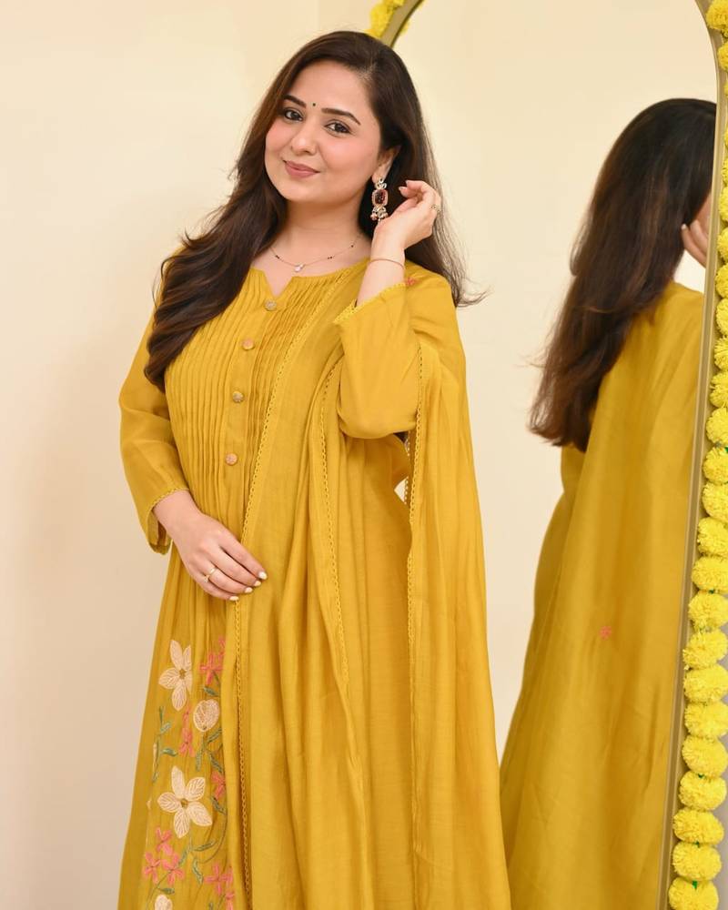 Graceful Mustard Yellow Embroidered Anarkali Kurta Set