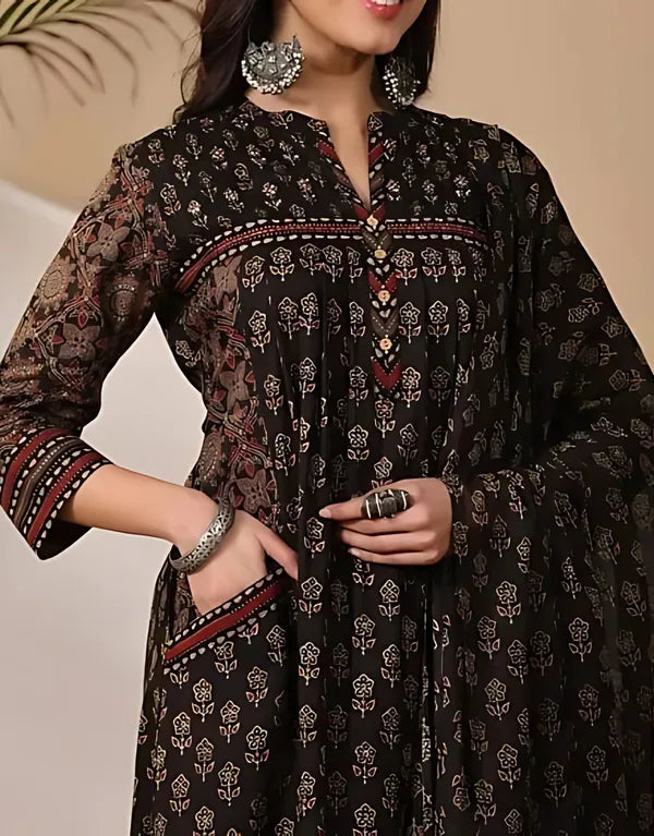 Black Traditional Block Print A-Line Kurta Set with Dupatta